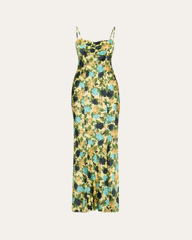 Renee Long Floral Silk Spaghetti-Strap Dress